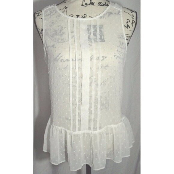 ELLE Women's White Sleeveless Sheer Dot Pleated Peplum Blouse Sz S‎ - Picture 1 of 7